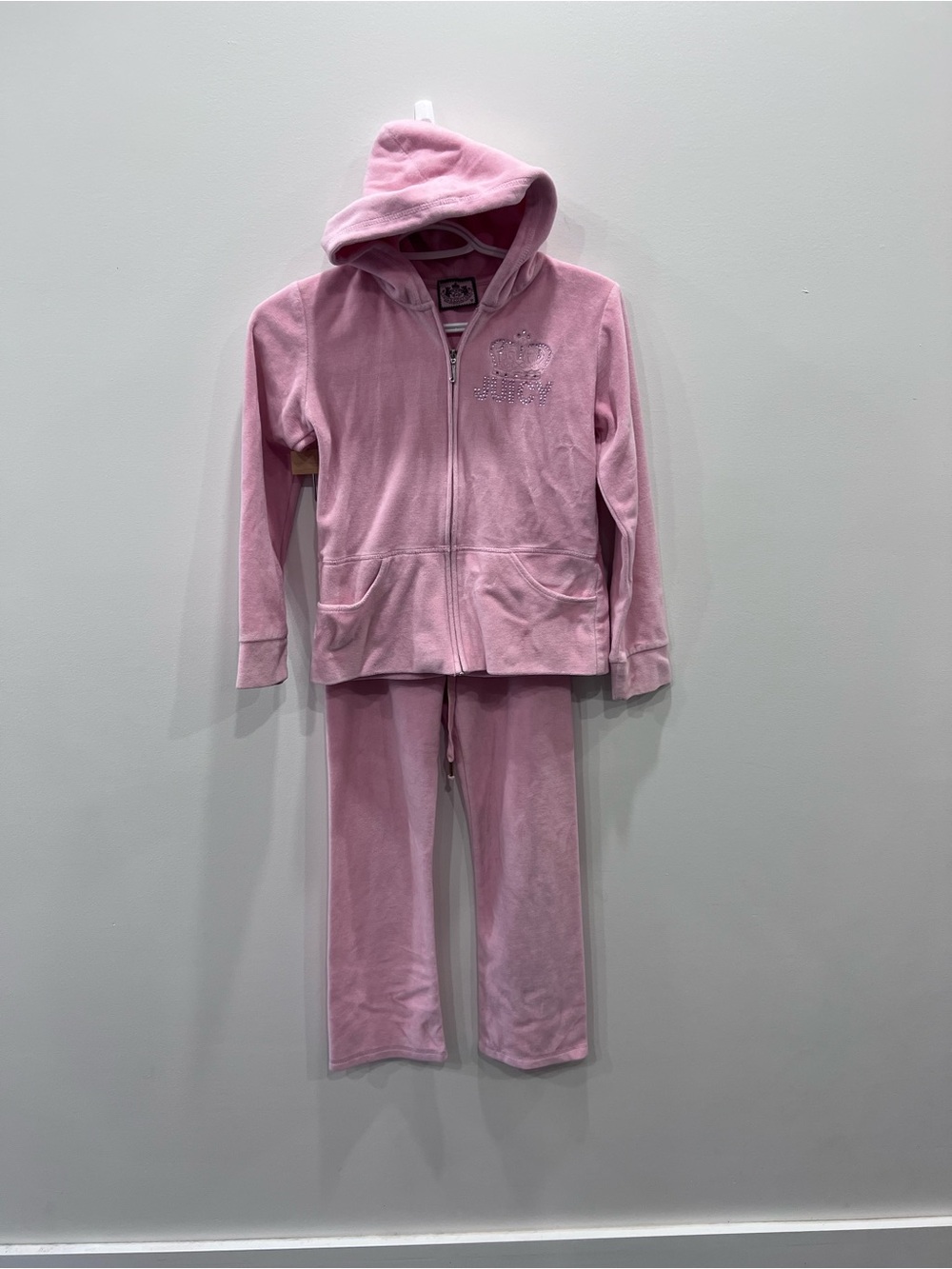 Juicy Couture Girls Pink Velour Tracksuit Set Size 12 Y2K Rhinestone Hoodie Set